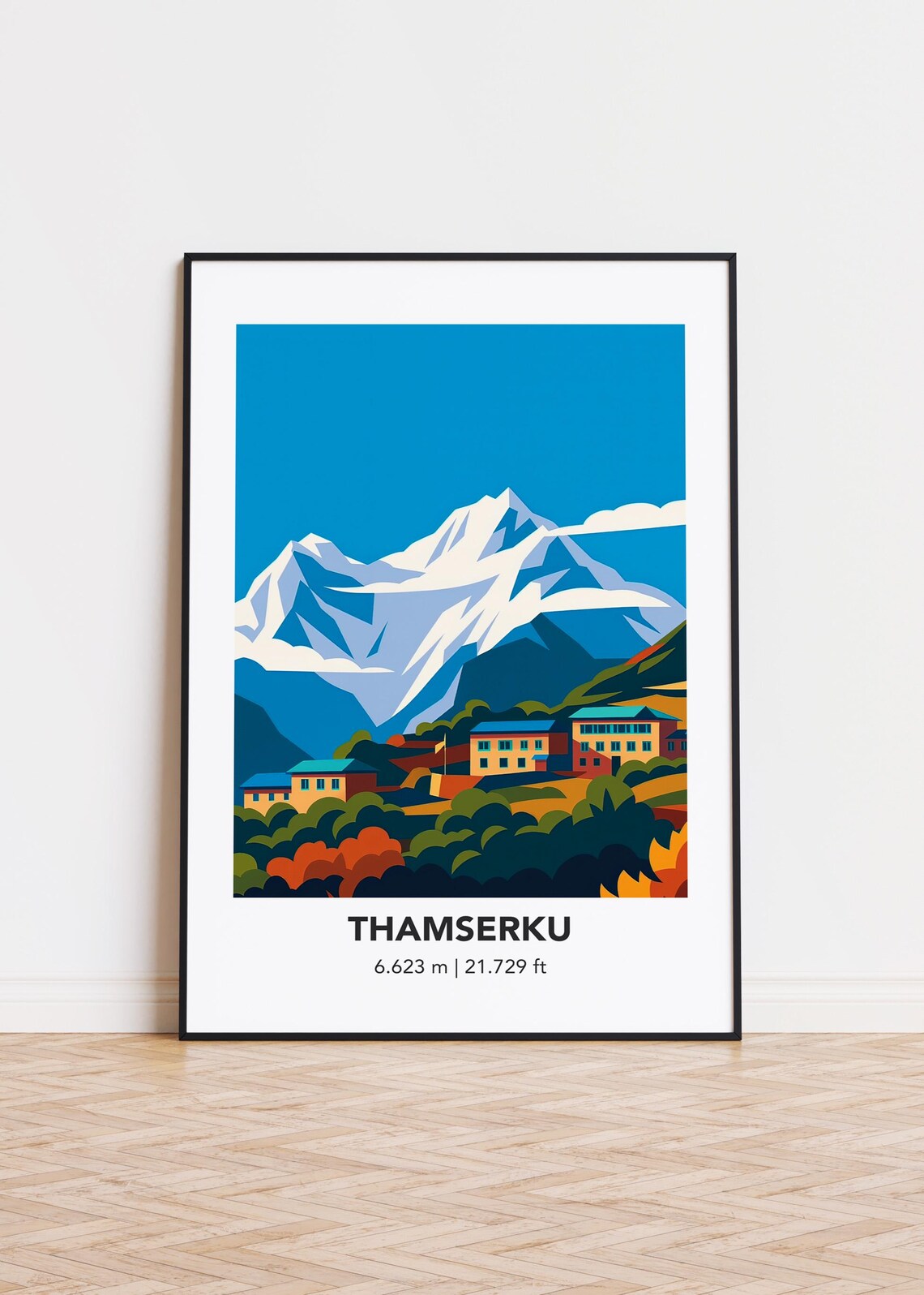 Thamserku Himalayan Peak Geometric Mountain Village Modern Travel Poster