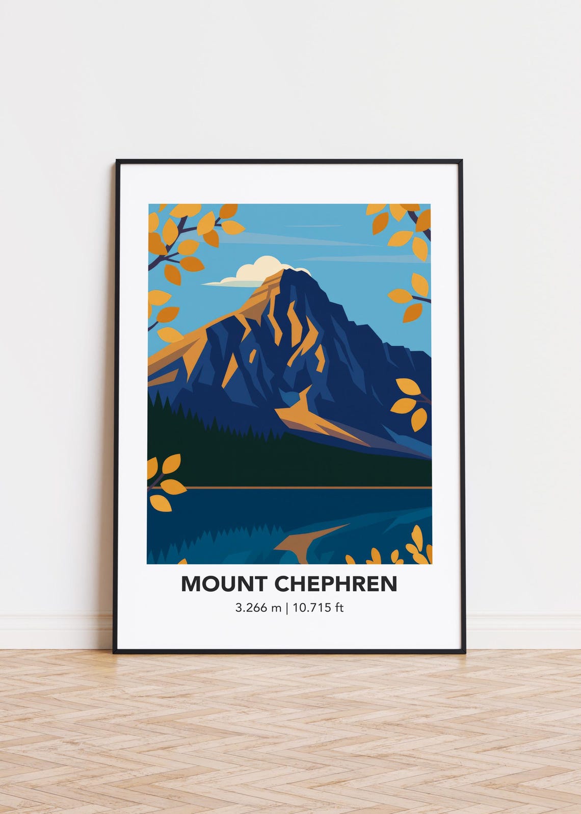Mount Chephren 3266m Autumn Lake Reflection Vintage Travel Poster