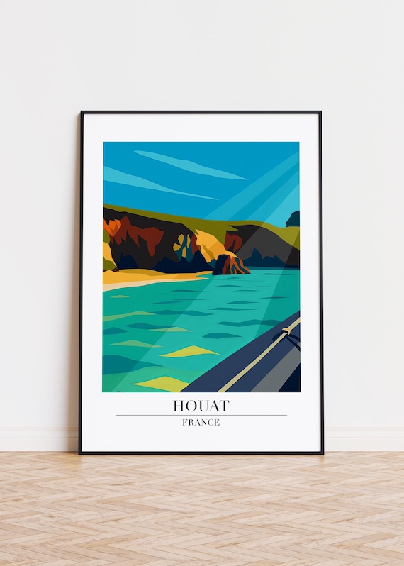 Houat France Turquoise Coast Cliffs Island Retro Travel Art Poster