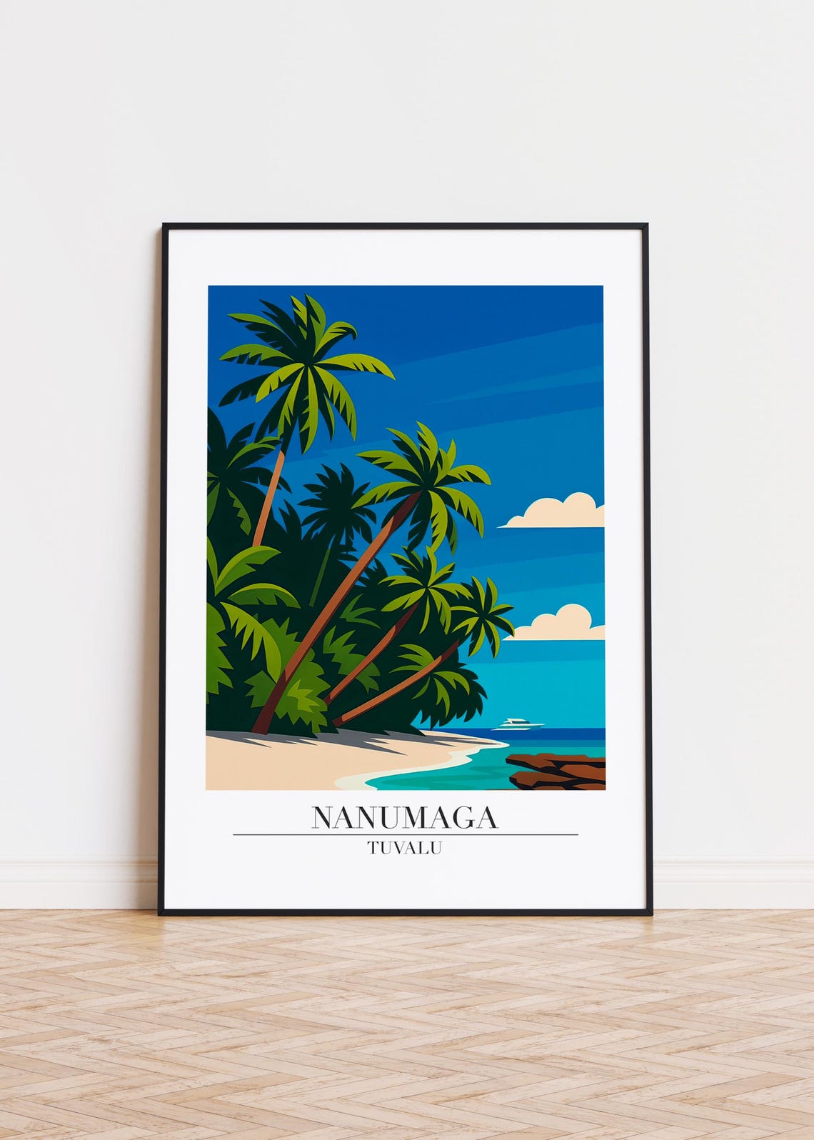 Nanumaga Tuvalu Palm Beach Tropical Paradise Illustrated Poster