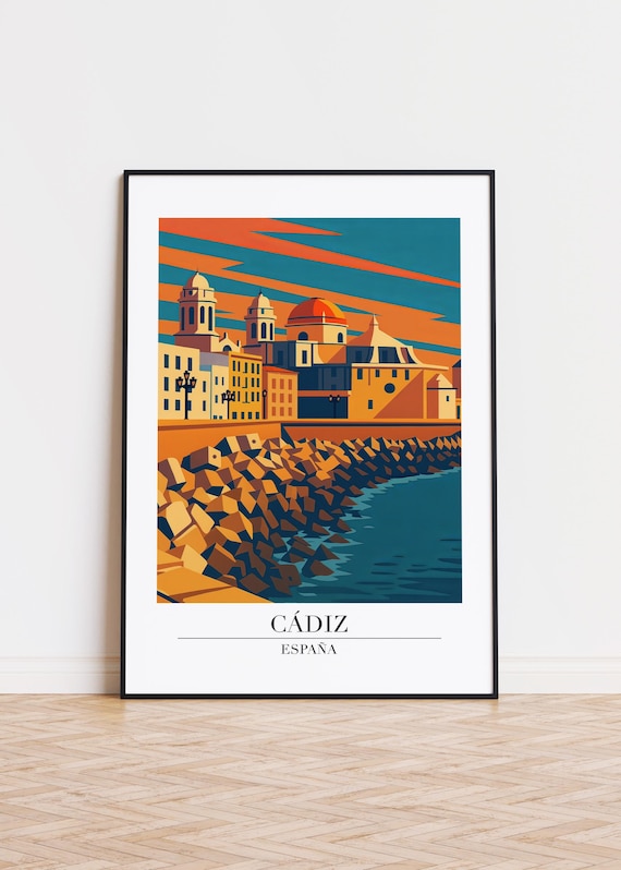 Cadiz Spain Cathedral Sunset Seafront Breakwater Andalusia Travel Poster