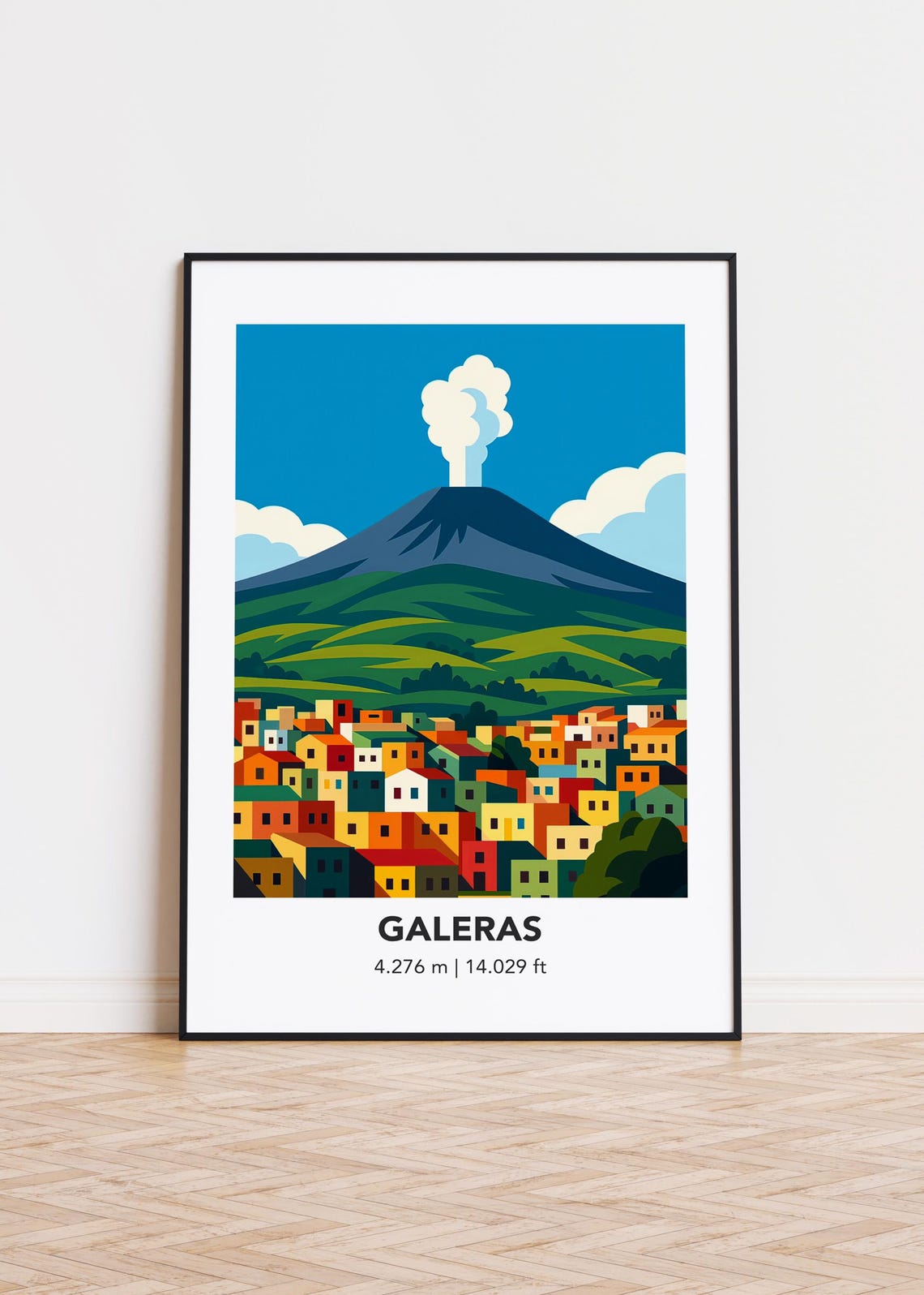Galeras Volcano Smoking Peak Colorful Town Illustration Poster