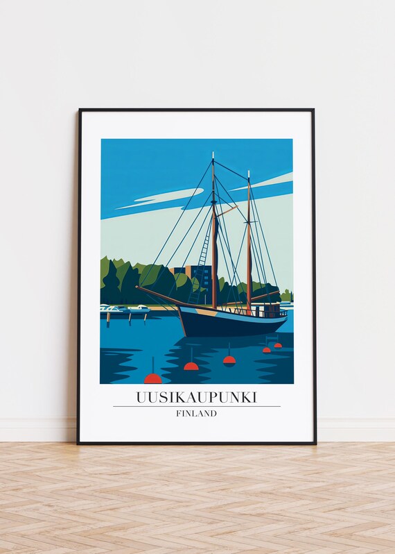 Uusikaupunki Finland Tall Ship Harbor Vintage Travel Wall Art