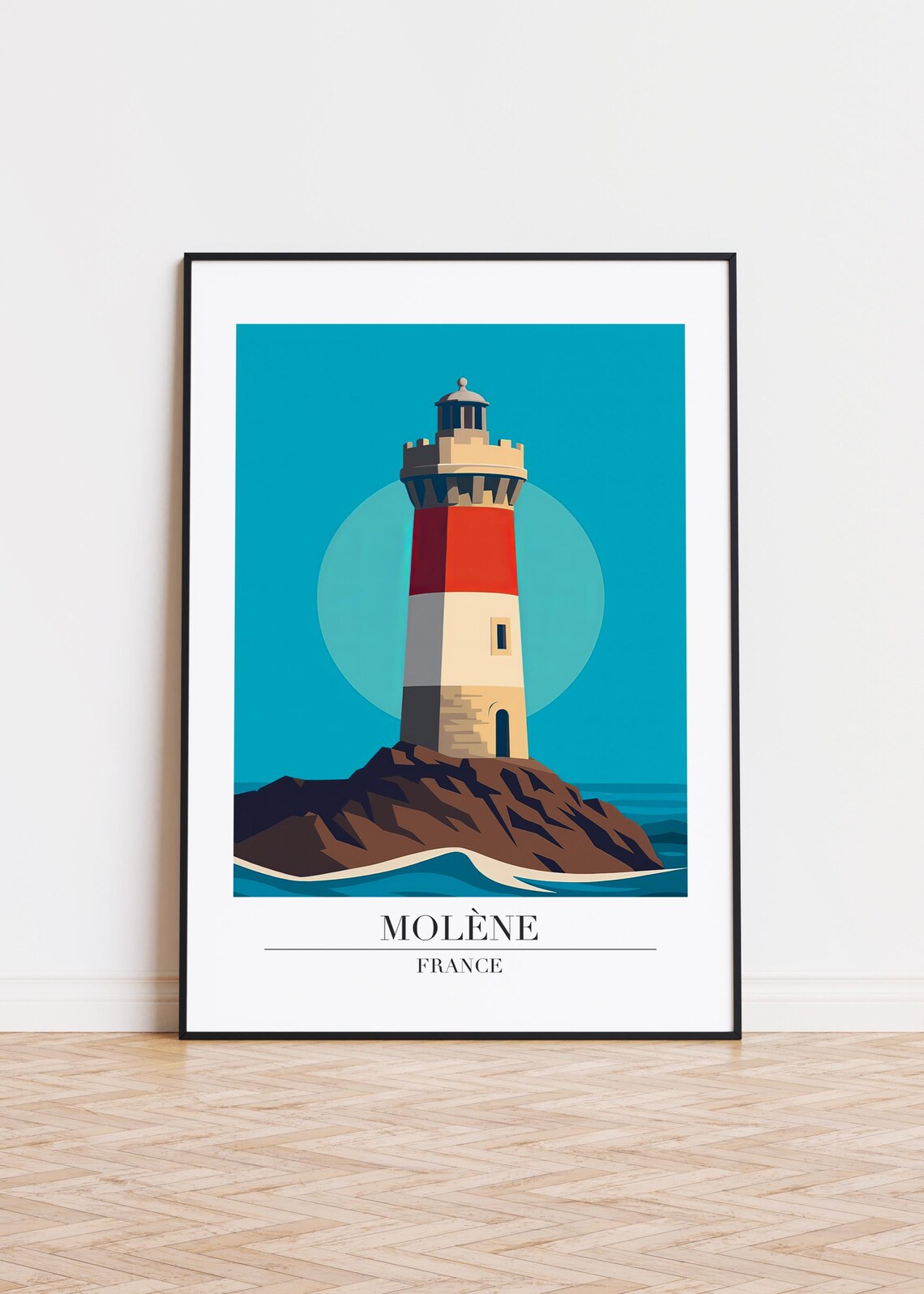 Molene France Lighthouse on Dark Rocks Retro Travel Art Poster
