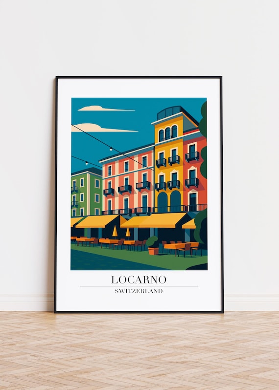 Locarno Switzerland Colorful Lakefront Cafes Vintage Travel Poster