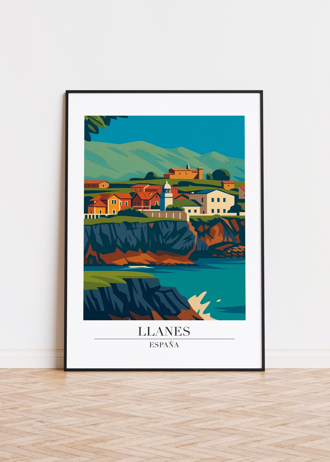 Llanes Spain Clifftop Village Over Sea Modern Travel Art Poster