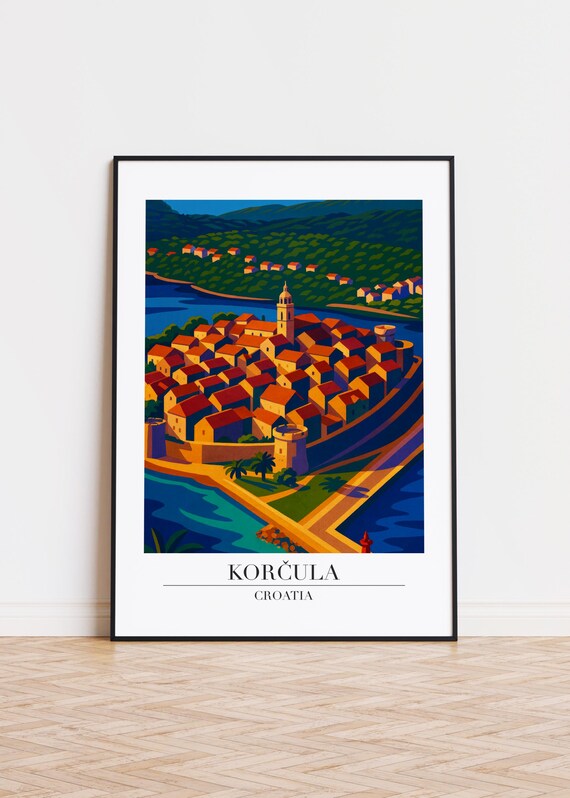 Korcula Croatia Walled Old Town Aerial Island View Travel Poster