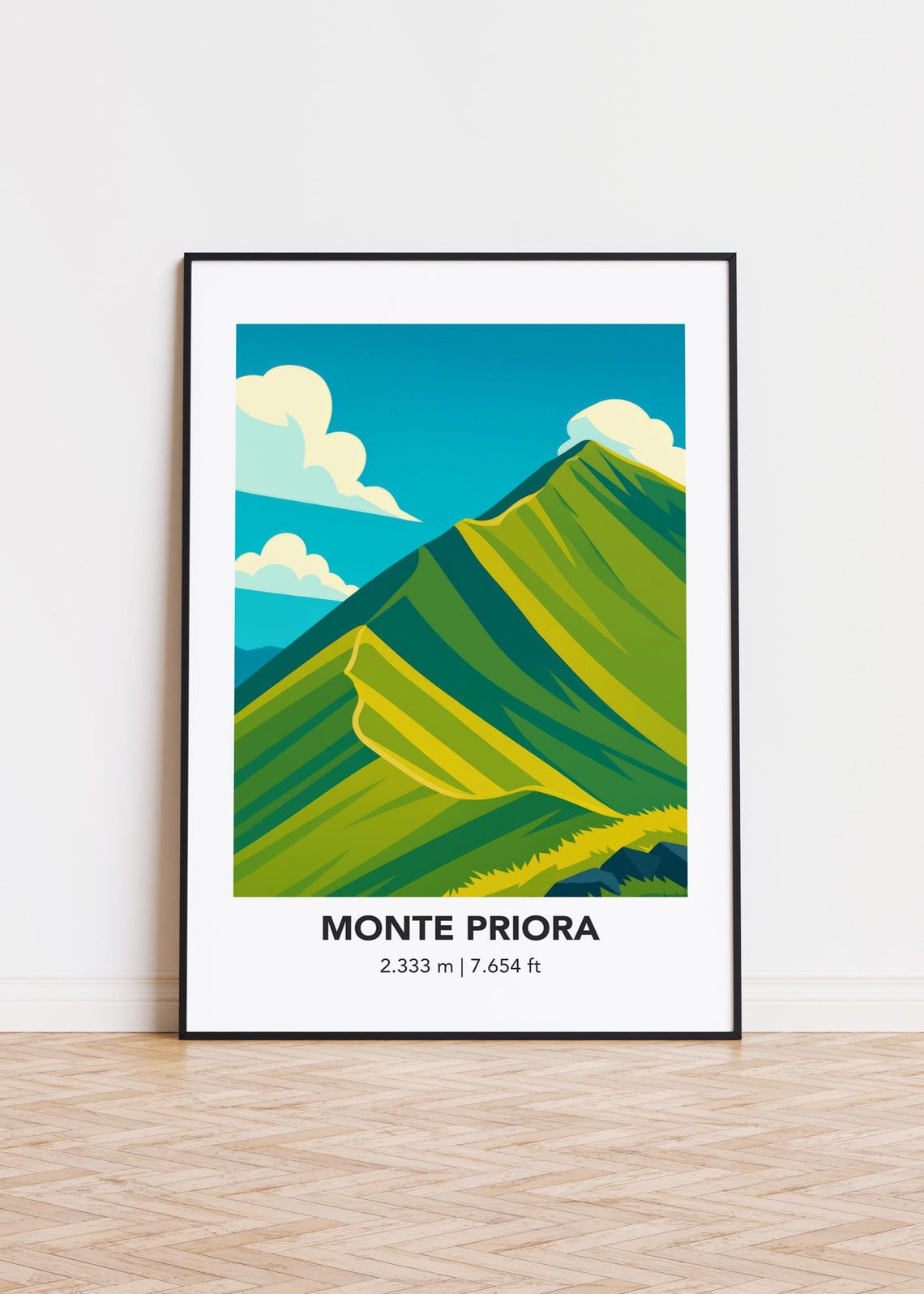 Monte Priora Mountain Minimalist Travel Poster Green Peak Art