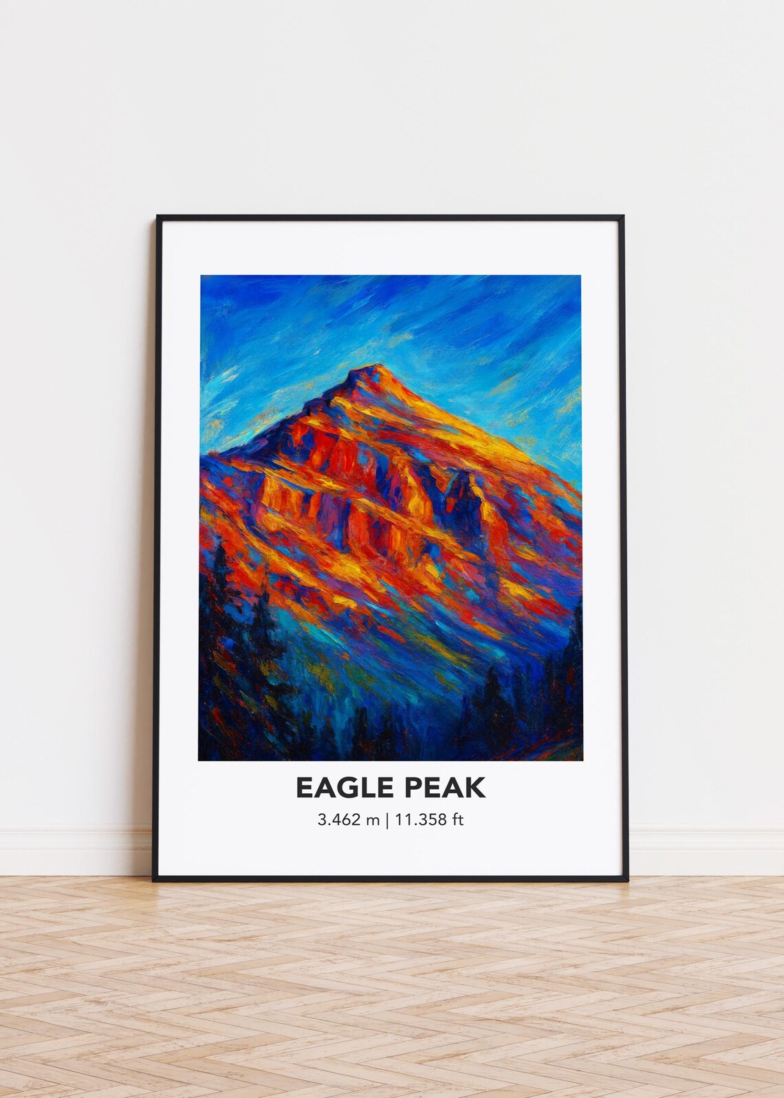 Eagle Peak Mountain Fiery Red and Gold Oil Painting Style Vibrant Poster