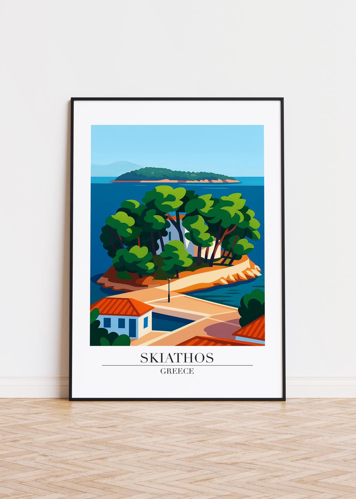 Skiathos Greece Pine Covered Islet Harbor Colorful Travel Poster
