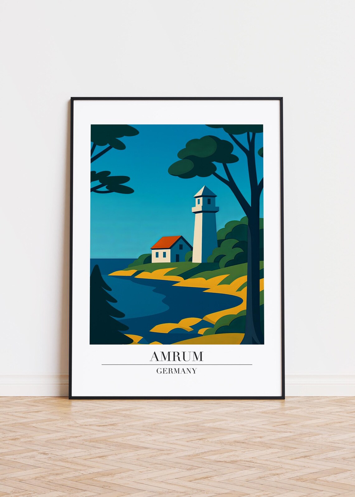 Amrum Germany Lighthouse Coastal Cove Modern Illustration Travel Poster