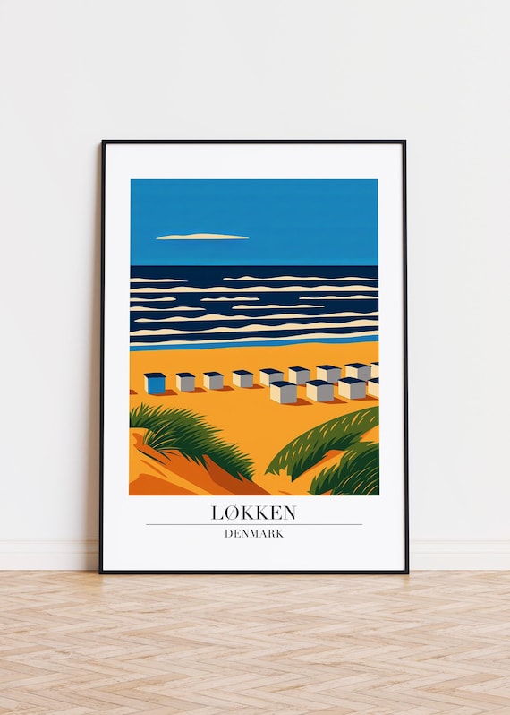 Løkken Denmark Golden Beach Huts Dunes Modern Seaside Travel Poster