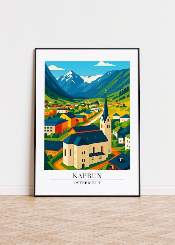 Kaprun Austria Alpine Village Travel Poster Colorful Church Mountain Art