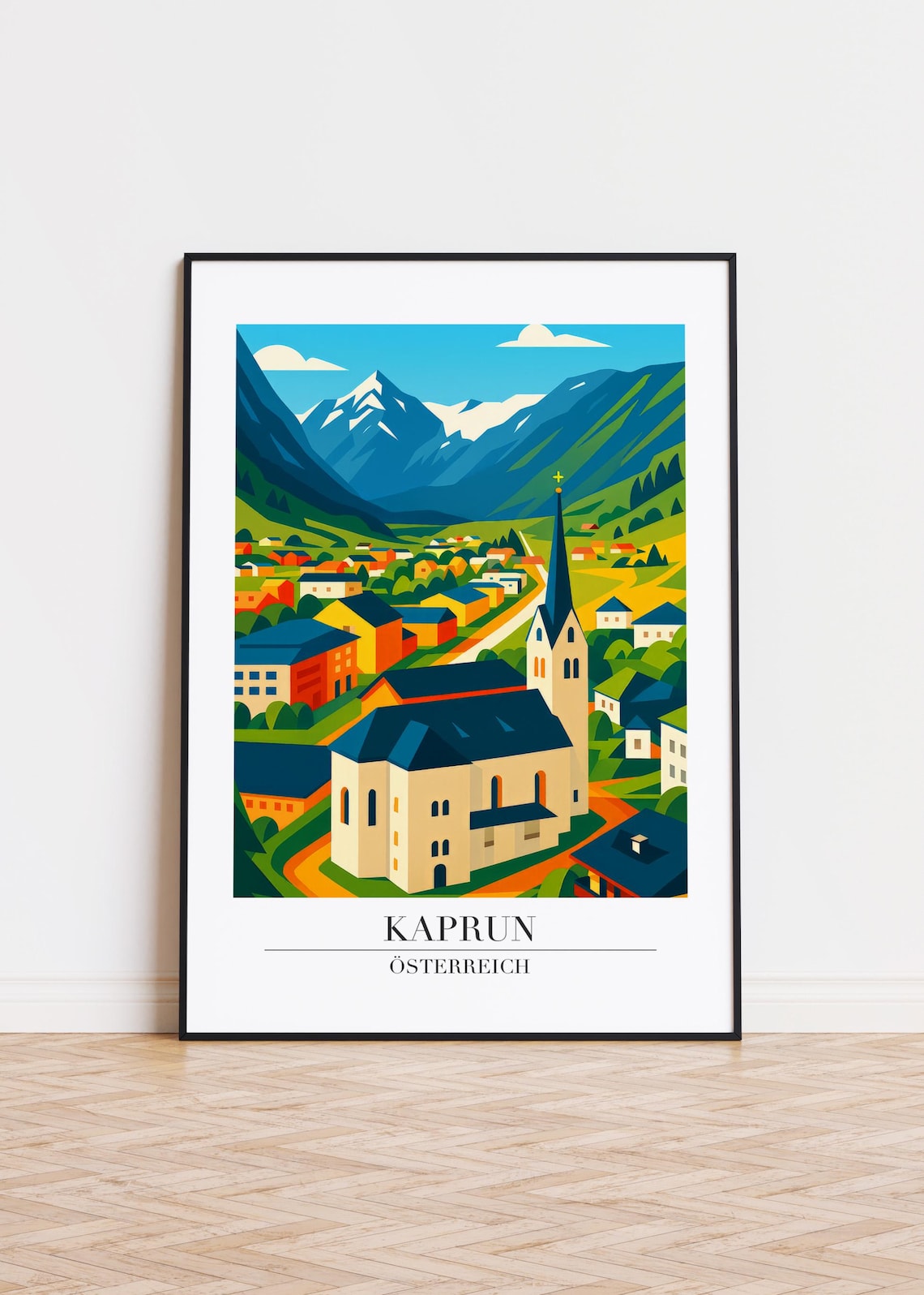 Kaprun Austria Alpine Village Travel Poster Colorful Church Mountain Art