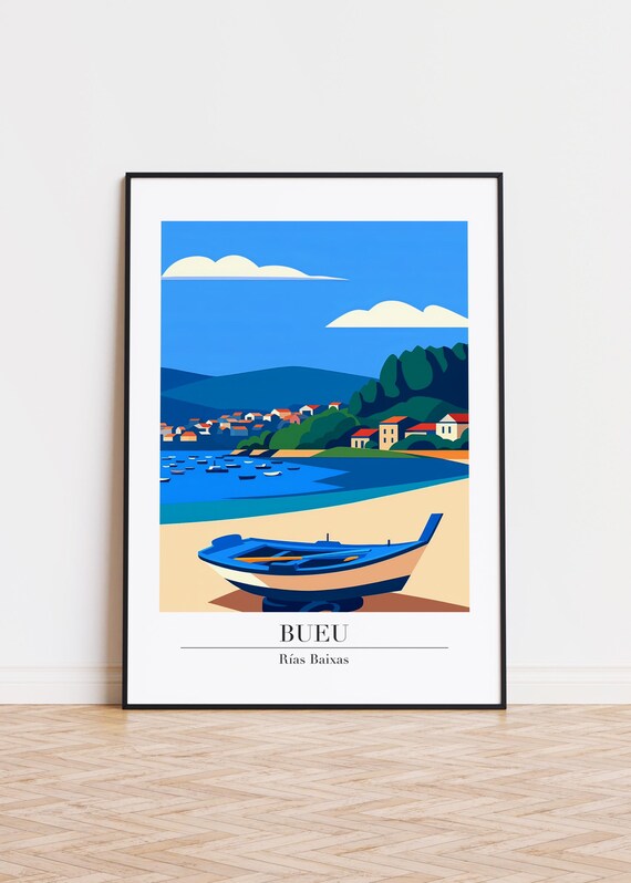 Bueu Fishing Boat Rias Baixas Coastal Village Vintage Travel Poster