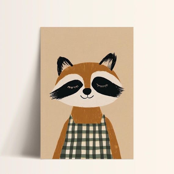 Sleepy Raccoon Woodland Nursery Art Kids Forest Animal Wall Decor Boho Baby Room Print Cute Animal Portrait