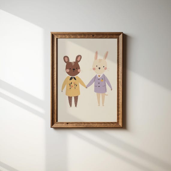 Vintage Animal Friends Illustration Gender Neutral Nursery Decor Wall Art Baby Shower Gift