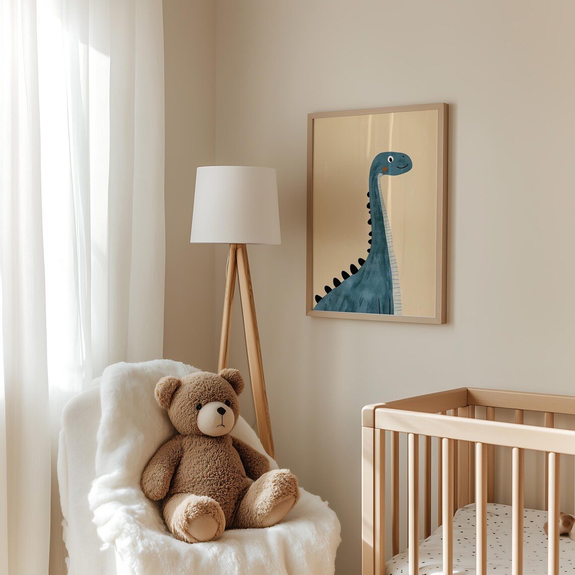 Blue Long Neck Dinosaur Smiling Portrait Kids Dino Art Poster - Image 3
