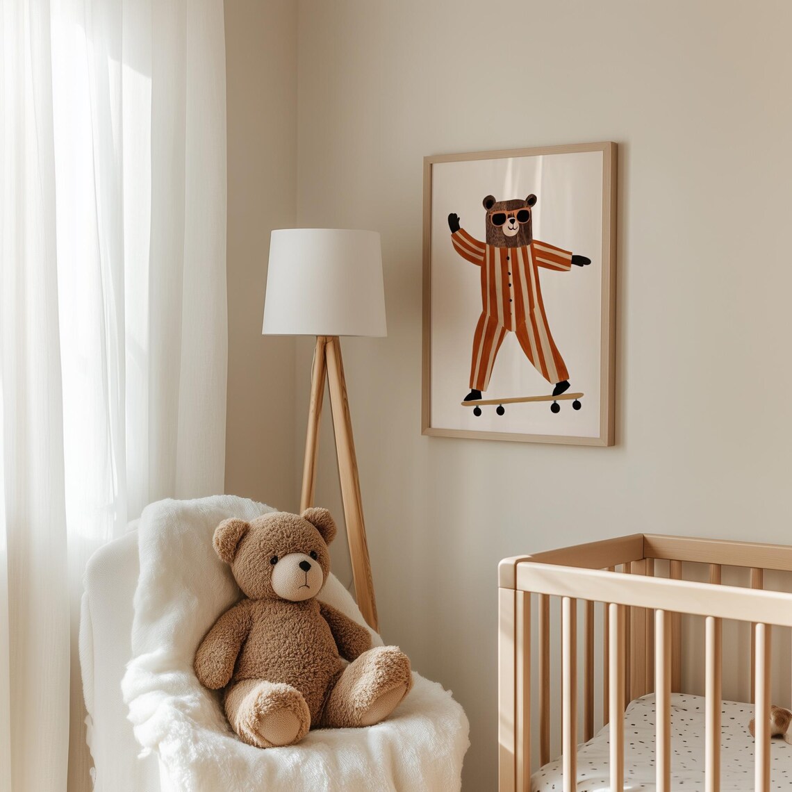 Skateboarding Bear Sunglasses Striped Pajamas Whimsical Nursery Wall Art - Image 4