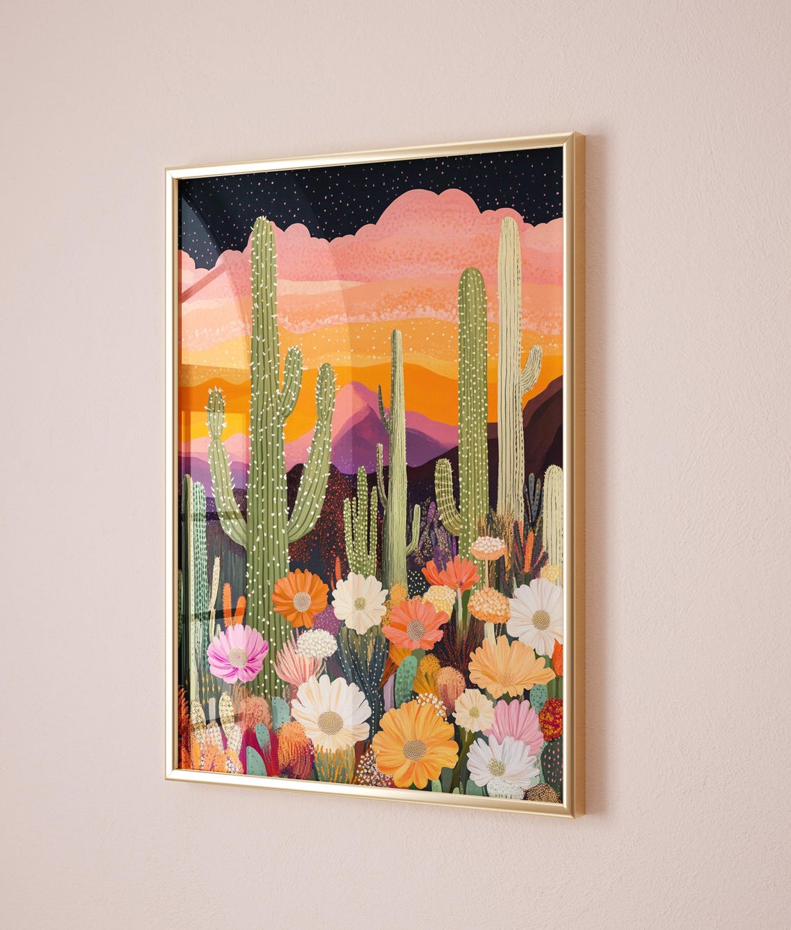 Desert Cactus Sunset Wildflowers Colorful Southwestern Poster