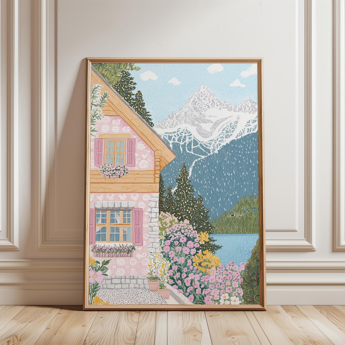 Pink Alpine Chalet Lake Snowy Peak Wildflower Garden Summer Poster