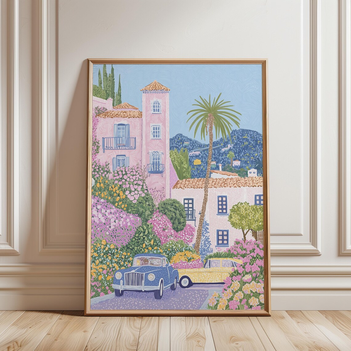 Pink Mediterranean Villa Vintage Cars Palm Trees Retro Travel Poster