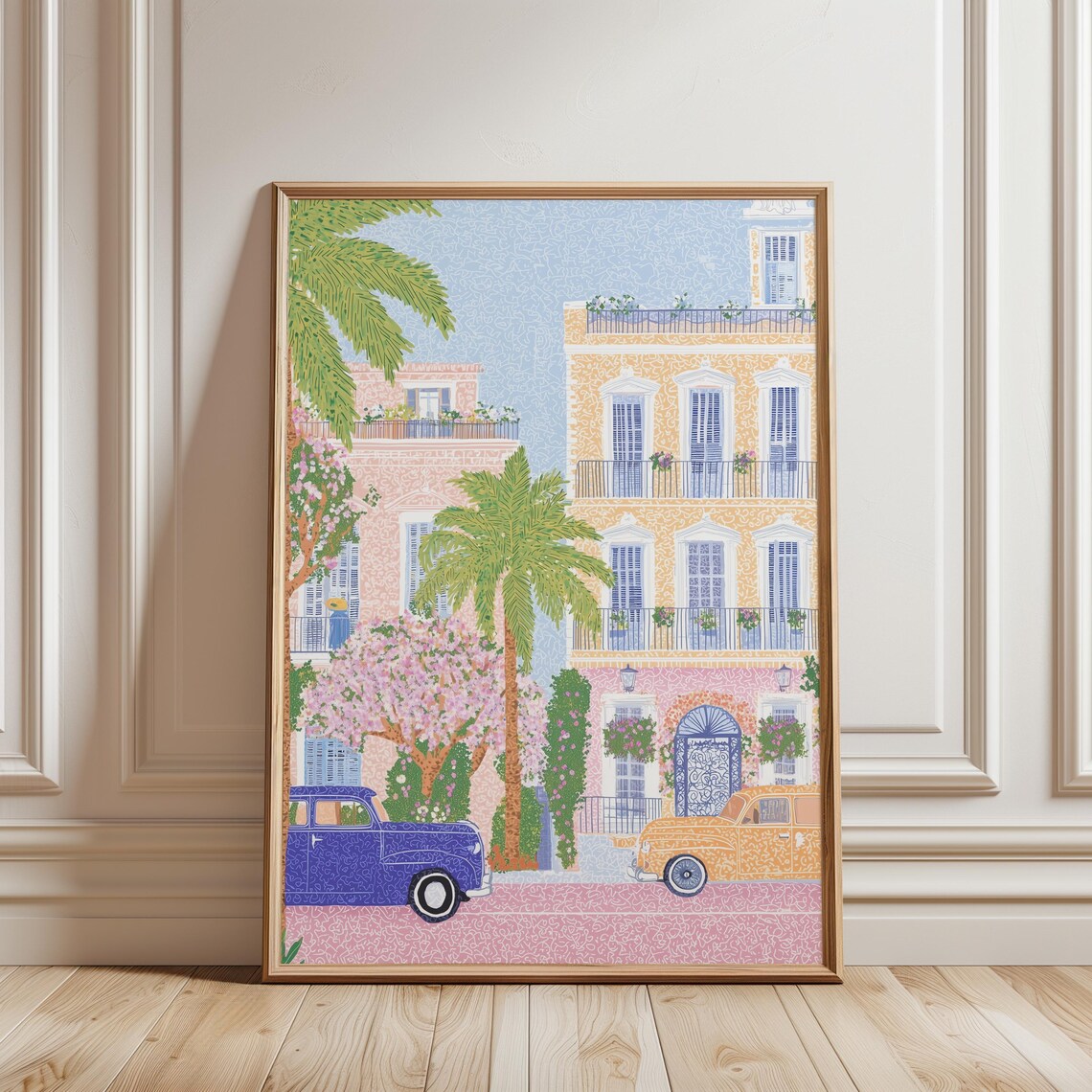 Mediterranean Summer Street Vintage Cars Pastel Buildings Poster