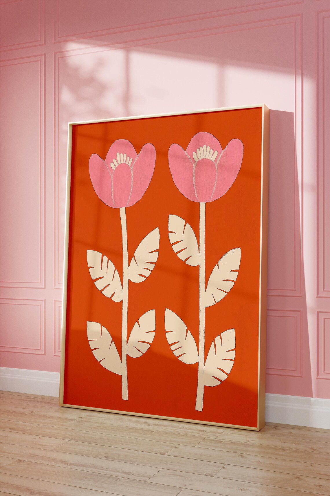 Retro Pink Tulip Flower Print Orange Scandinavian Folk Wall Poster - Image 4