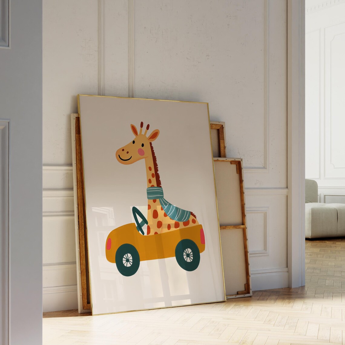 Happy Giraffe Driving Vintage Car Fun Safari Nursery Art Poster - Image 5