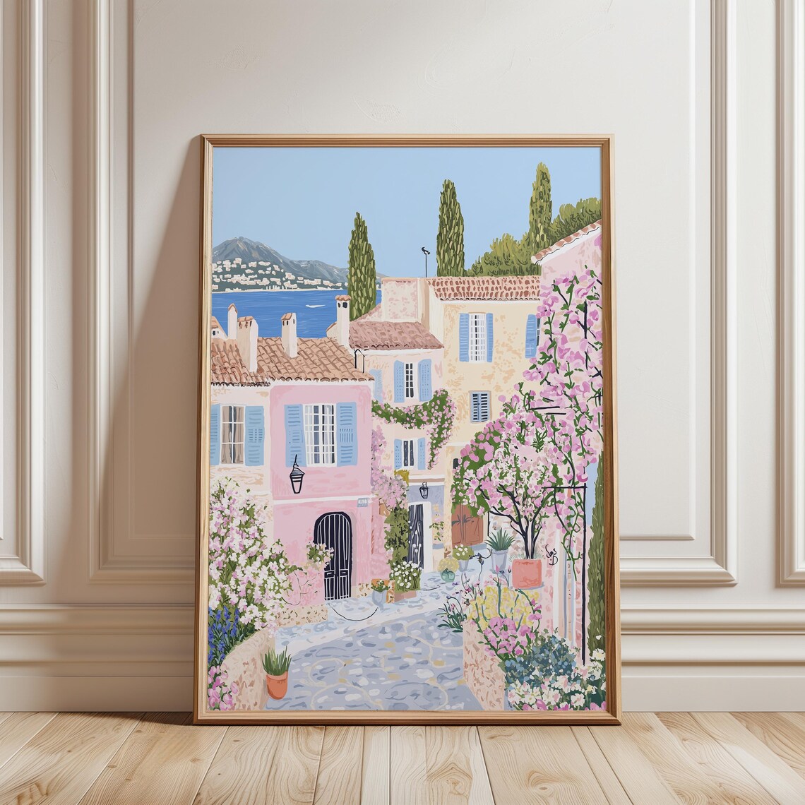 Mediterranean Seaside Street Pink Houses Blossom Summer Poster
