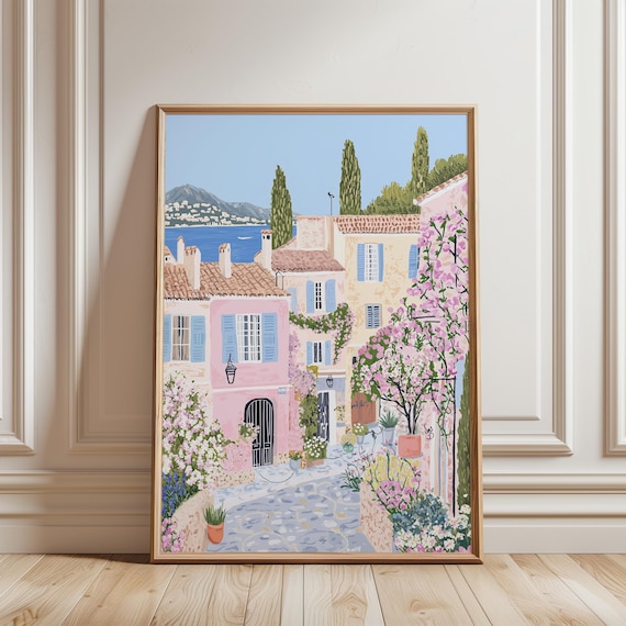 Mediterranean Seaside Street Pink Houses Blossom Summer Poster