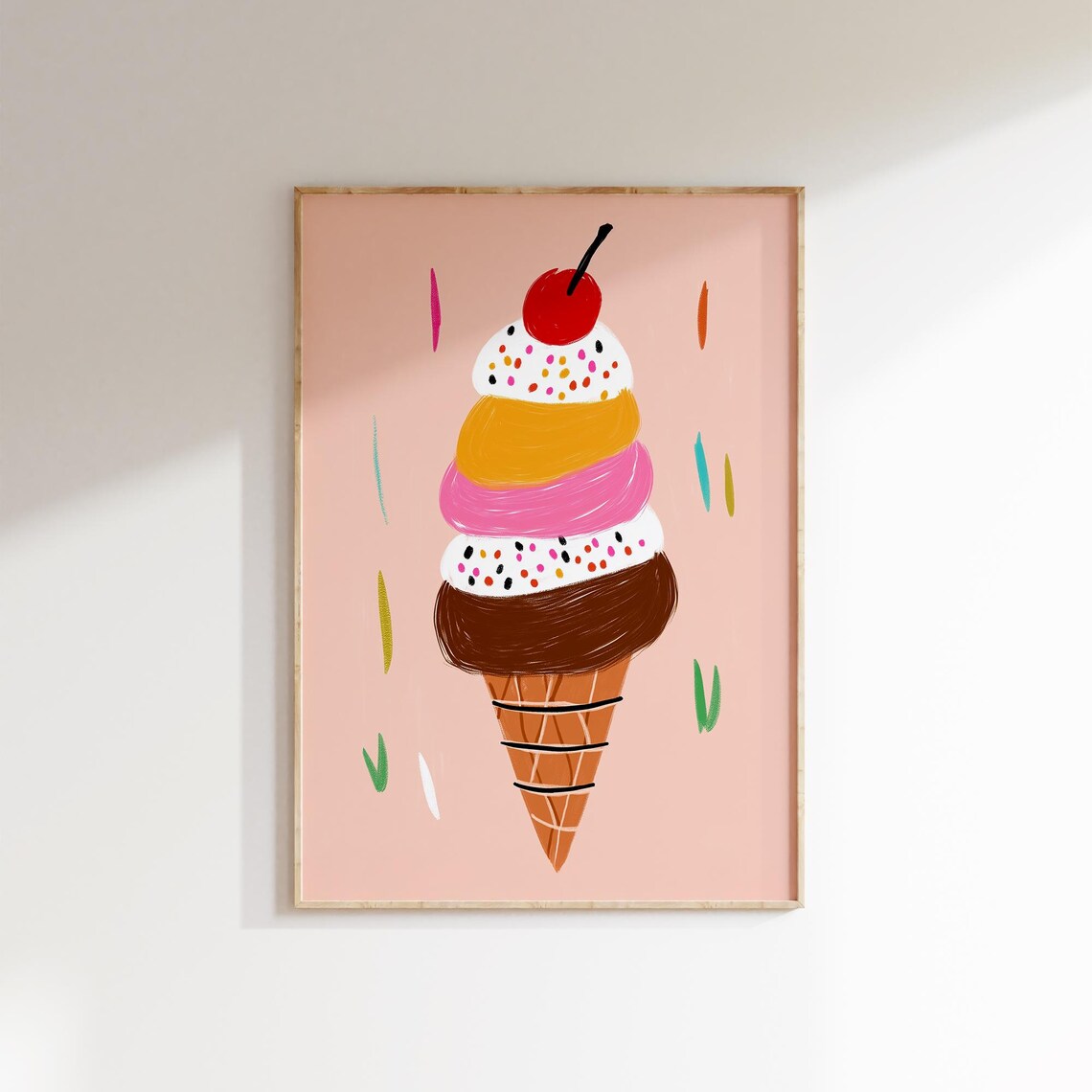 Colorful Ice Cream Cone Cherry On Top Sweet Kids Room Art Poster