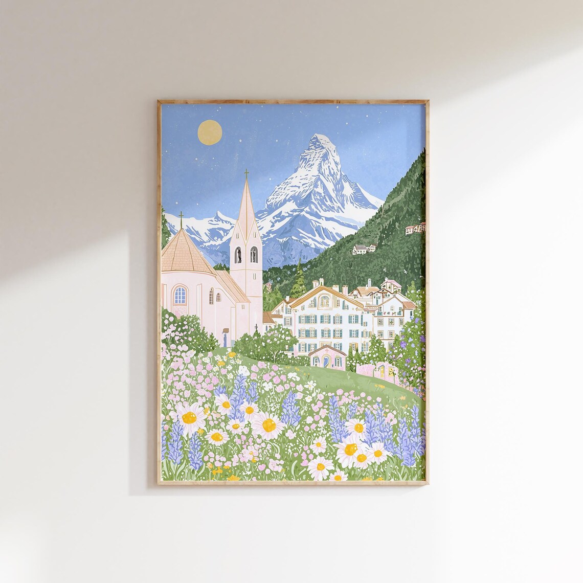 Alpine Village Church Snowy Peak Wildflower Meadow Summer Poster - Image 2