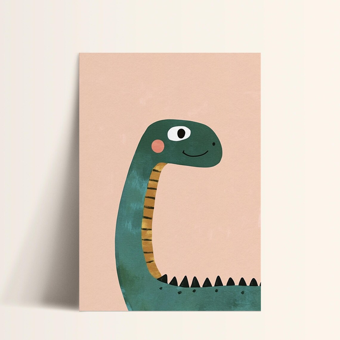 Green Long Neck Dinosaur Smiling Portrait Kids Dino Art Poster