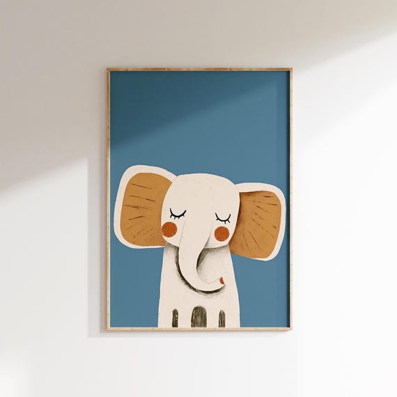 Elephant Portrait Print Safari Nursery Wall Art Kids Room Decor Animal Art Blue Boys Room Decor