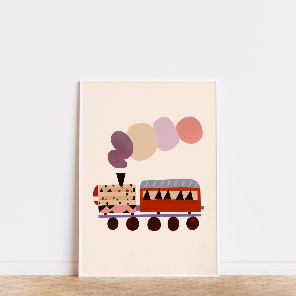 Geometric Abstract Train Print Red Carriage Nursery Kids Room Wall Art - Image 3
