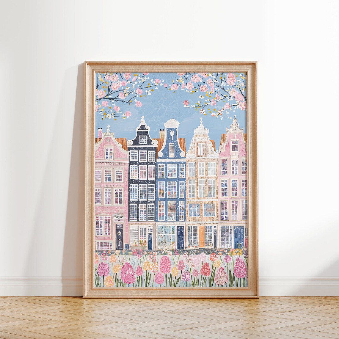 Amsterdam Row Houses Spring Bloom Pastel Canal Cityscape Floral Home Poster - Image 2