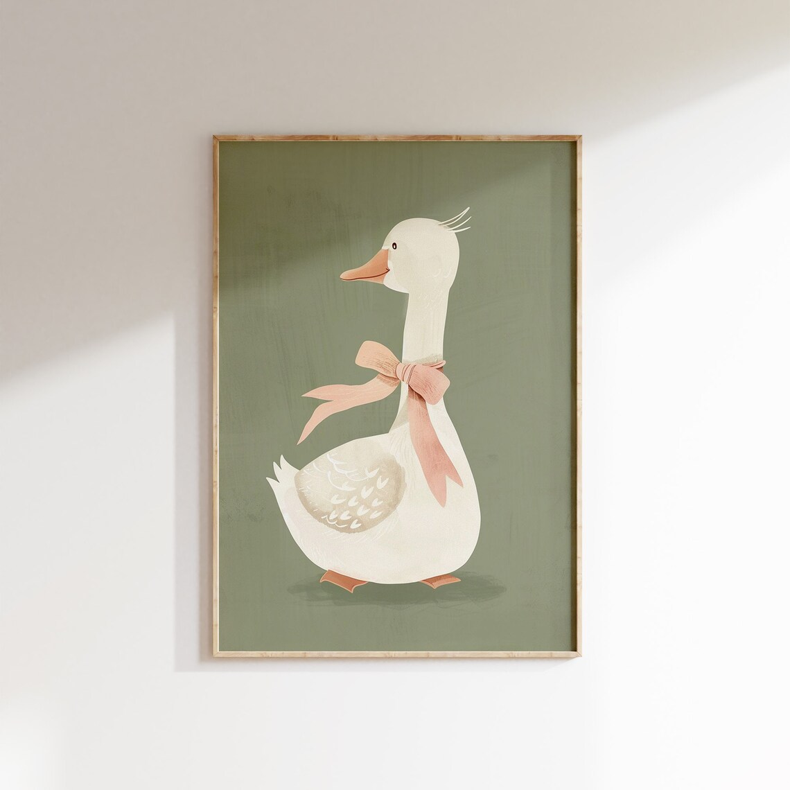 White Duck With Pink Bow Sage Green Gender Neutral Nursery Decor Poster