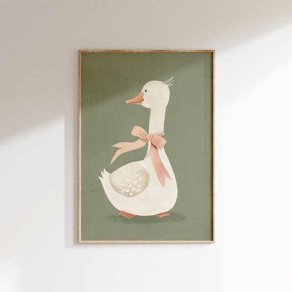White Duck With Pink Bow Sage Green Gender Neutral Nursery Decor Poster