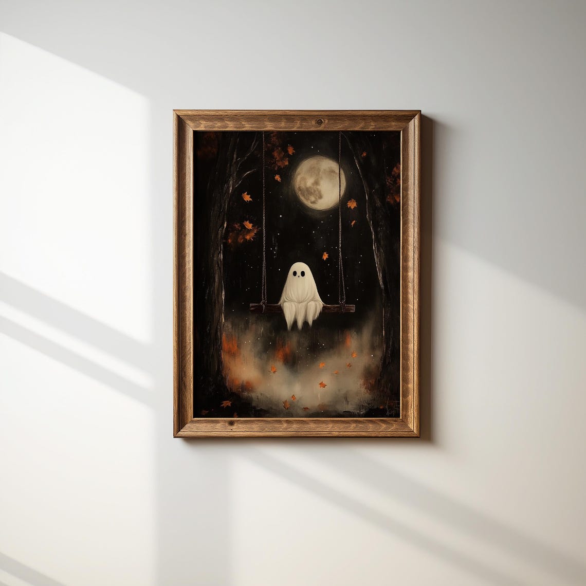 Ghost On Swing Full Moon Autumn Night Vintage Halloween Wall Poster