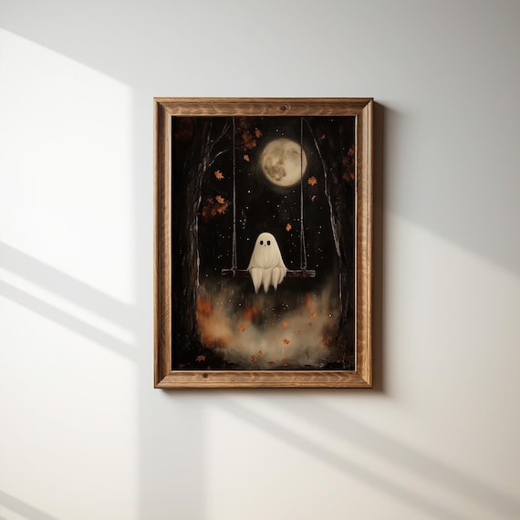 Ghost On Swing Full Moon Autumn Night Vintage Halloween Wall Poster
