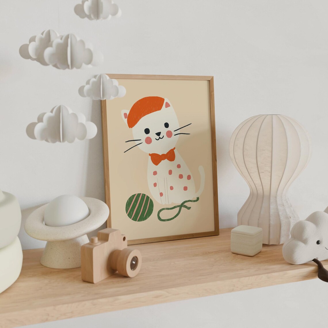 Cute White Cat Orange Beret Bow Tie Yarn Ball Nursery Kids Wall Poster - Image 4