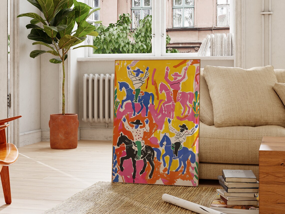 Four Cowboys Horseback Yellow Pink Blue Vibrant Rodeo Art Poster
