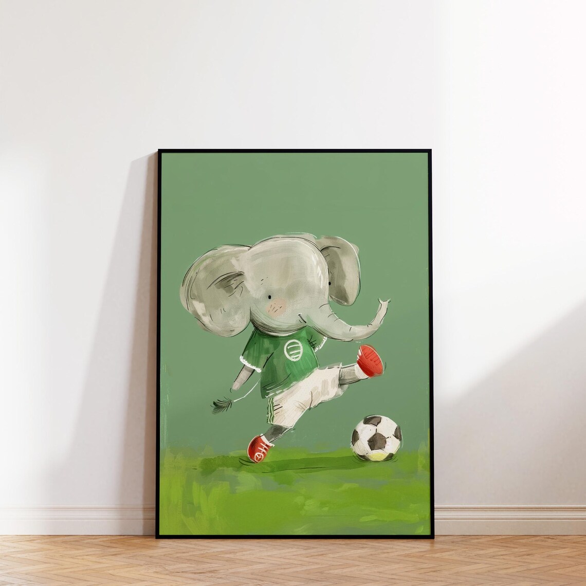 Cute Elephant Kicking Soccer Ball Green Jersey Kids Sports Nursery Poster - Image 2
