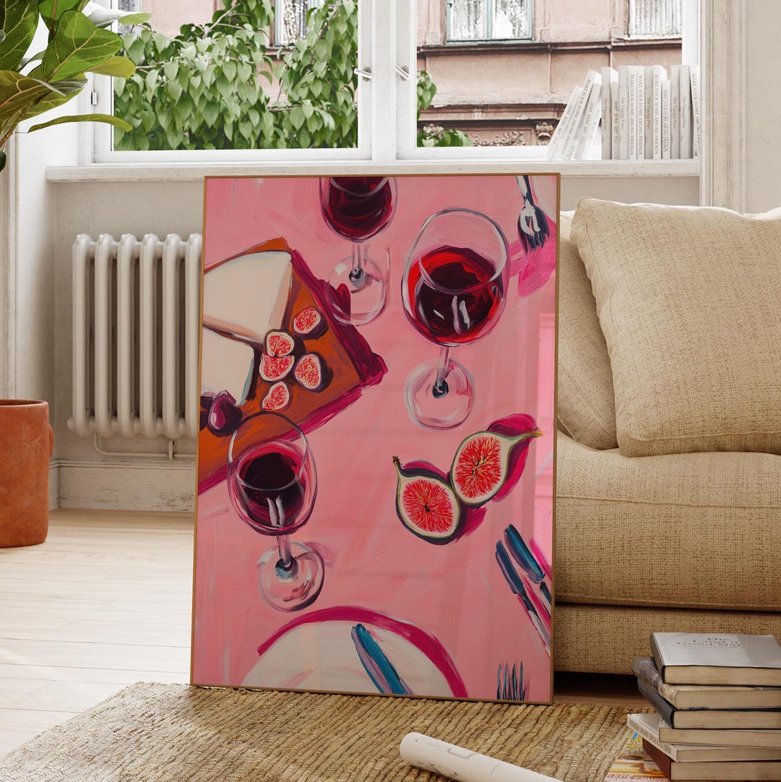 Pink Table Wine Glasses Figs Cheese Board Cheerful Dinner Art Poster - Image 3