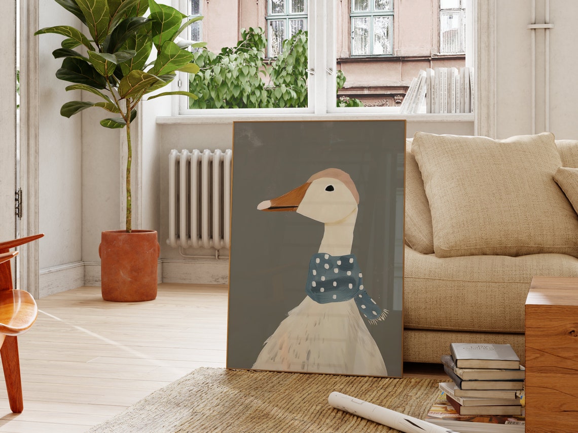 Whimsical Goose Wearing Blue Polka Dot Scarf Cute Nursery Room Poster - Image 2