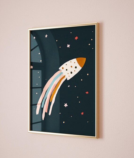 Rocket Ship Launching Colorful Trail Starry Night Sky Kids Poster
