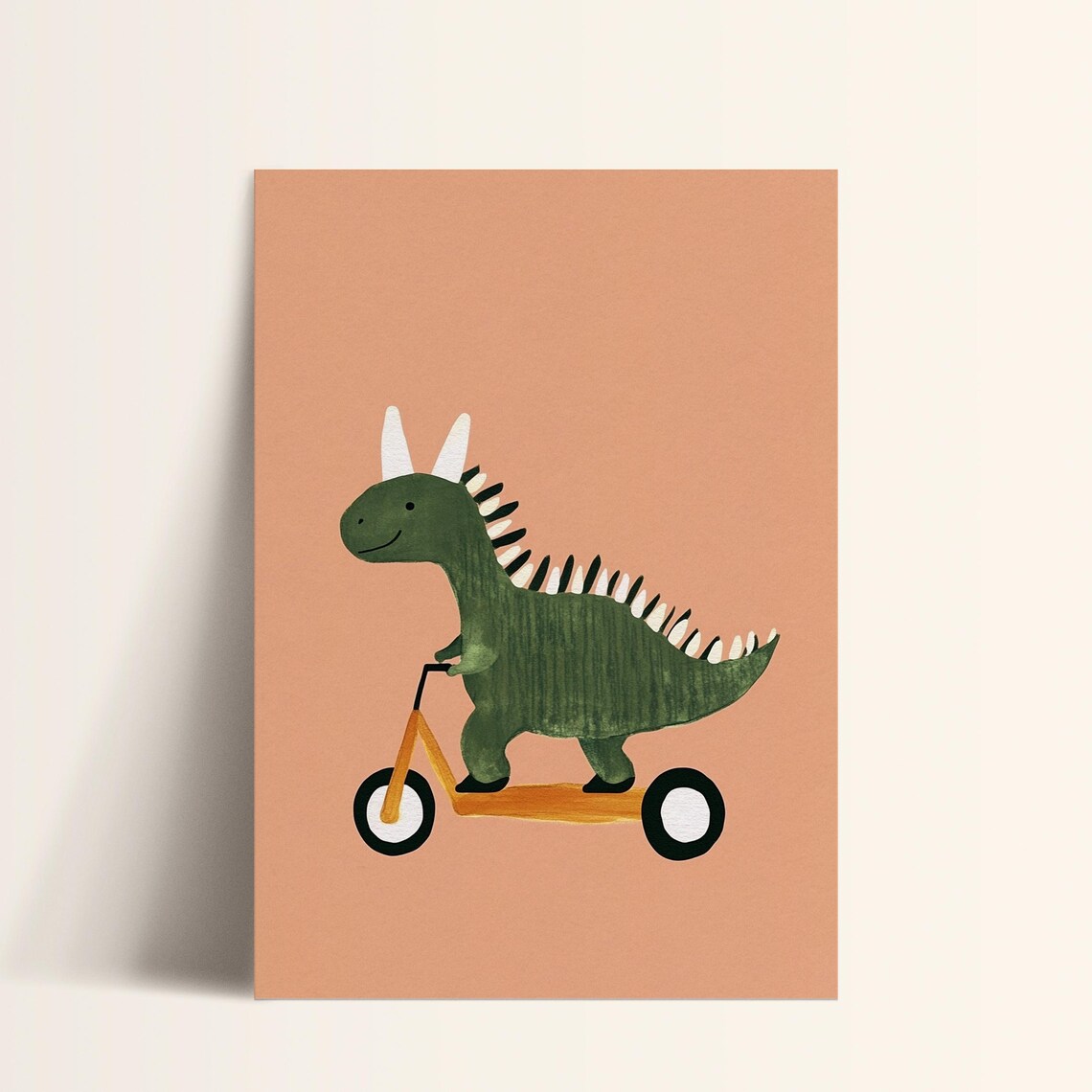 Green Dinosaur Riding Orange Scooter Cute Kids Dino Room Poster - Image 2