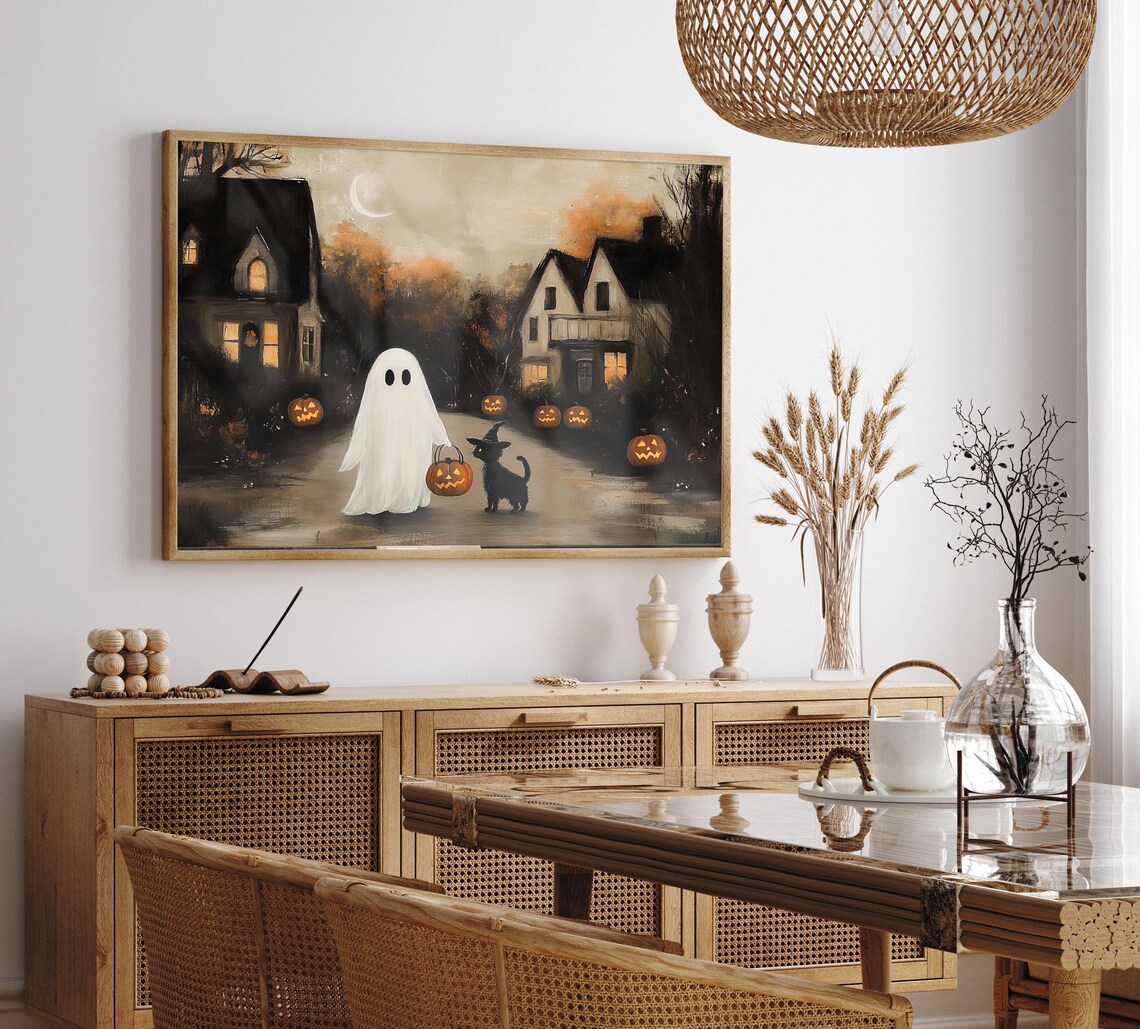 Trick or Treat Ghost and Black Cat Spooky Halloween Village Street Poster - Image 2