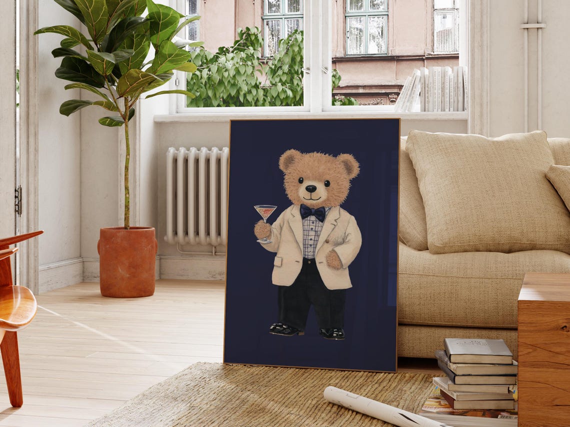 Teddy Bear In Tuxedo Holding Cocktail Gentleman Style Fun Wall Poster - Image 2